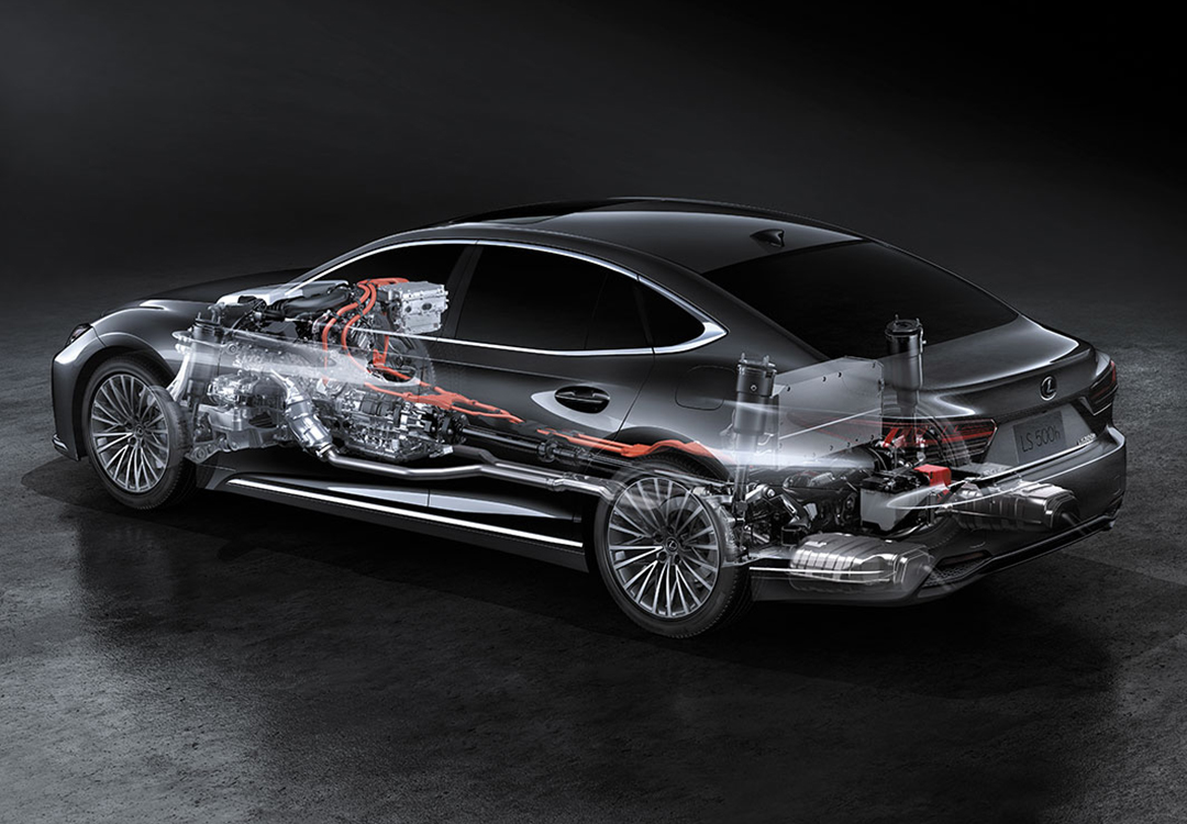 A cutaway graphic showing the LS and its hybrid drivetrain.