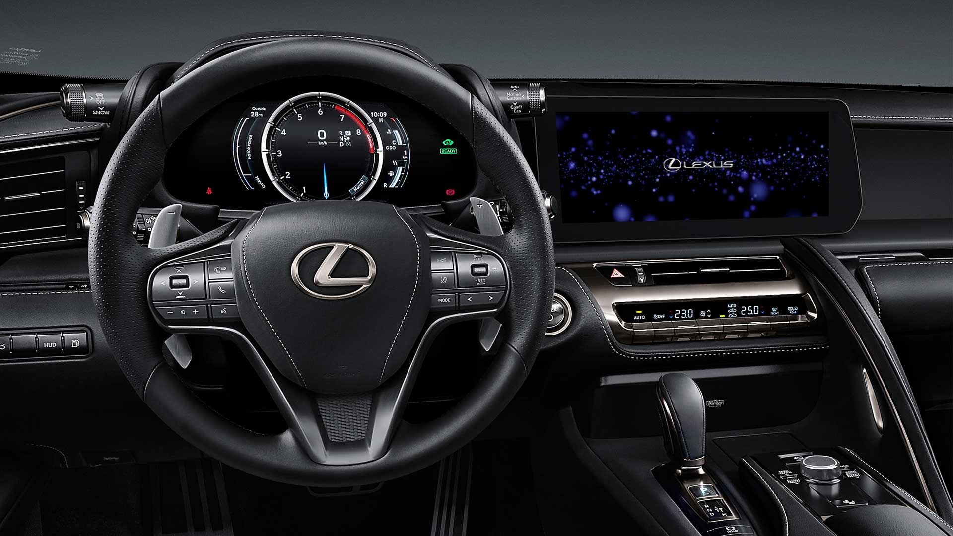 Image of the dashboard and steering wheel in the Lexus LC 500 Coupe.